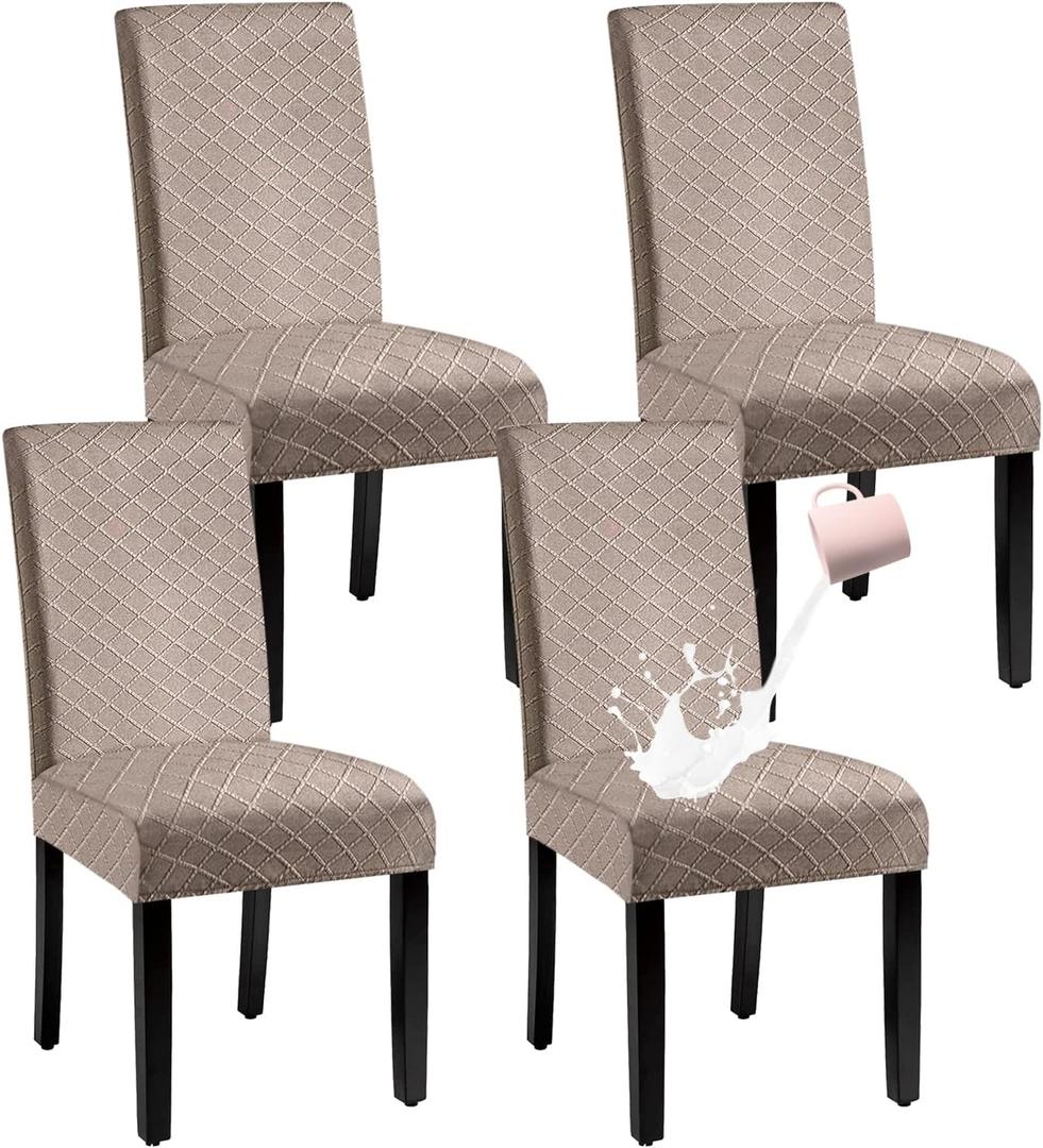 Waterproof Dining Chair Cover,Spandex Fabric Fit Stretch Chair Slipcover,Removable Washable Jacquard Parsons Chair Covers (Khaki,Set of 4)