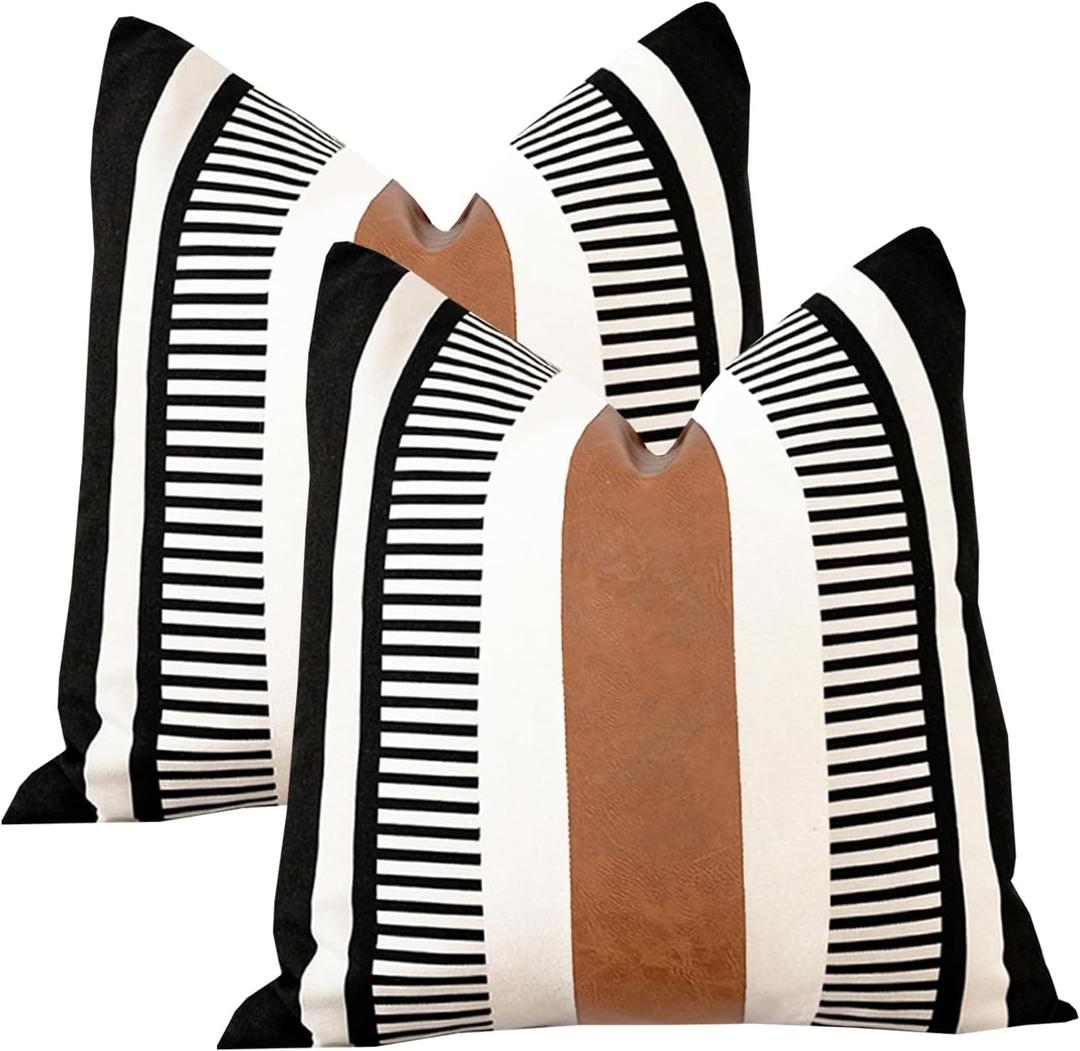 Set of 2 Boho Decor Faux Leather and Cotton Throw Pillow Covers 24x24 Rustic Canvas Cushion Cover Black White Farmhouse Stripe Pillow Case for Sofa Couch Chair Bedroom