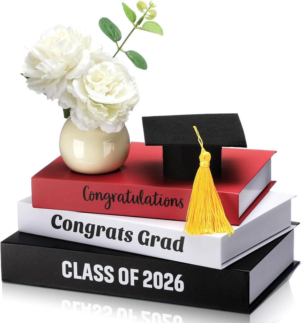 Yookeer 4 Pcs Graduation Table Centerpieces Decorative Book Set with Graduation Cap Stacked Farmhouse Style Books Printed Congratulations Grad Class of 2026" for Shelves Desk Home Decor(Red,Classic)