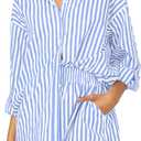 ISZPLUSH Womens 2 Piece Casual Sets Outfits Sets Relaxed Long Sleeve Shirt Loose High Waisted Side Pocket Shorts Set (Blue) Xl