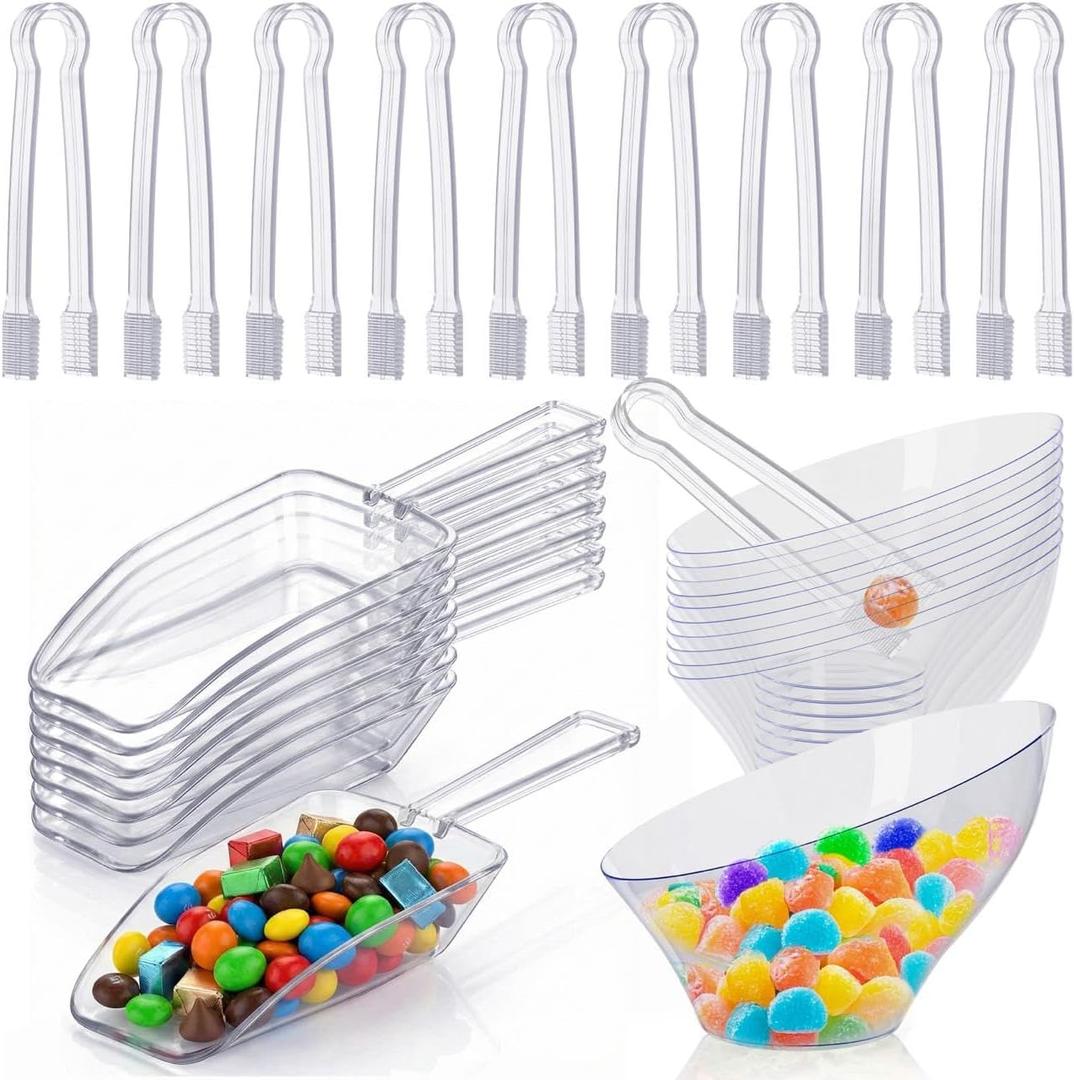 R-kay 36 Pcs Candy Bowls And Plastic Scoops Set - 18 Clear Small Plastic Bowls 6 Oz, 9 Plastic Scoops And 9 Small Tongs Buffet Containers Set Heavy Duty