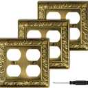 Antique Brass Decorative Wall Plate Light Switch Cover Decorator Outlet Covers Rocker Switch Plates Metal Material Wall Plates for Kitchen Bathroom (2 Gang Duplex-3 Pack)