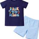 IMEKIS Toddler Kids Boys Back to School Outfit Top with Shorts Schoolbus Embroidered Kindergarten Clothes 3-7T (Blue)