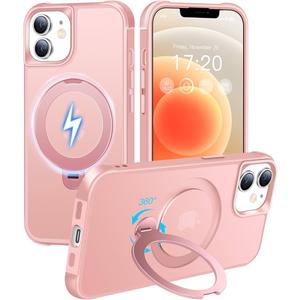 HuwaiH 360° Rotatable Magnetic Ring Stand for iPhone 12/12 pro Case, Compatible with MagSafe, Military-Grade Shockproof, Anti-Scratch Matte Translucent Phone Case for iPhone 12/12 pro(Pink)