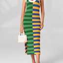 Wenrine Womens Summer Striped Dress Sleeveless Knitted Contrast Color Side Slit Casual Maxi Beach Dress (Small, Green)