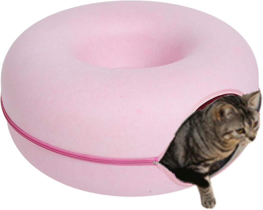 Cat Cave,Cat Tunnel Bed for Indoor Cats,Cat Donut Tunnel for Pet Cat House,Detachable Round Cat Felt & Washable Interior Cat Play Tunnel (Pink,Small)
