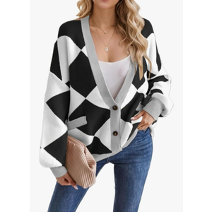 Sumleno Women Y2k Aesthetic Cardigan Sweaters Argyle Long Sleeve Open Front Knit Outerwear Trendy Oversized Fall Tops, Size L