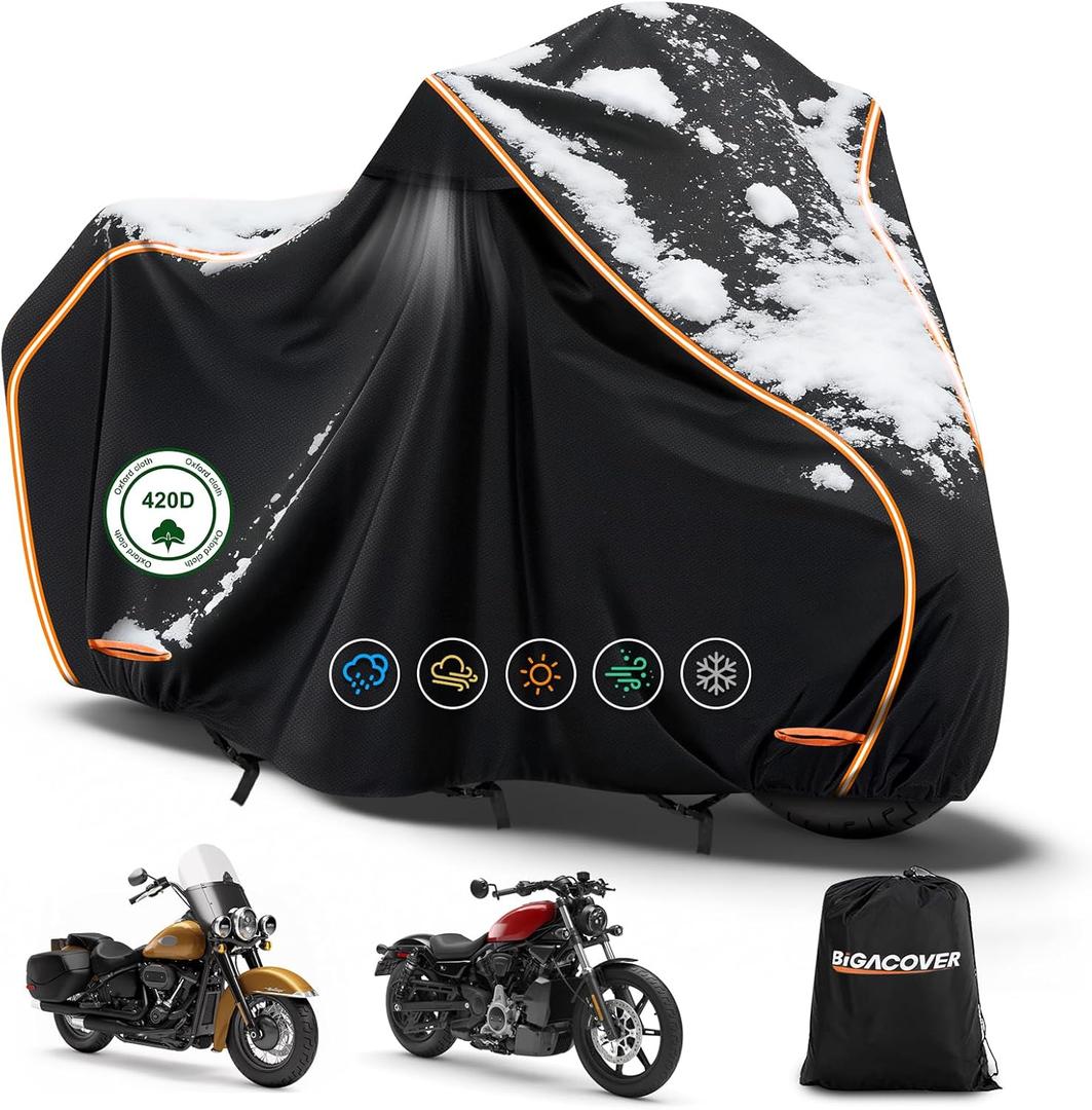 420D Waterproof Motorcycle Cover for Harley Davidson Cruiser, Softail Standard, Iron 883, Heritage Classic 114, Fat Boy, Sport Glide, Shadow Cruiser,Windproof Heavy Duty Outdoor Bike Cover (Black)
