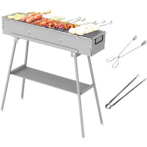 Portable Charcoal Grills, Stainless Steel BBQ Grill with Foldable Stand Adjustable Air Vents, Kebab Skewer BBQ Barbecue Grill Kit for Garden Backyard Party Picnic Travel Outdoor Use (31.6x7.1inch)