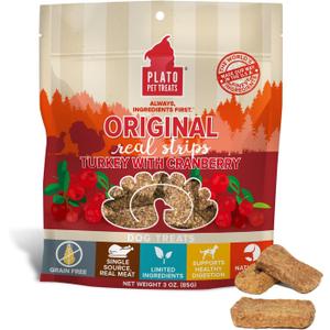 PLATO Turkey Real Strips Natural Dog Treats - Real Meat - Air Dried - Made in the USA - Turkey & Cranberry, 3 ounces (EXP 02/14/26)