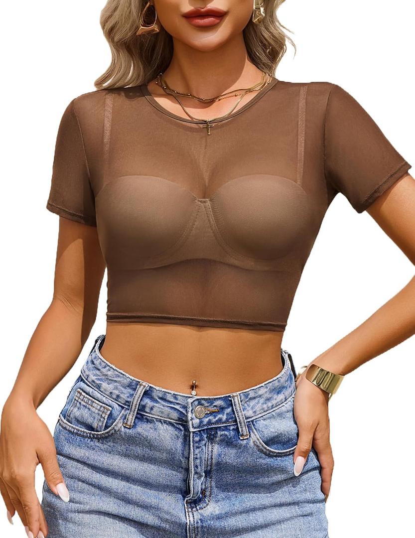 Avidlove Women's Sheer Mesh Crop Top Short Sleeve See Through T-Shirt Sexy Rave Festival Clubwear Tops （ Coffee Brown, L)