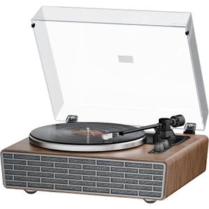 XJ-HOME All in One Vinyl Record Player with 4 Treble/Bass Stereo Speakers,Bluetooth HiFi Turntables for Vinyl Records with Magnetic Cartridge AT-3600L,Phono Preamp,33/45RPM,2-Speed,AUX in/RCA Out