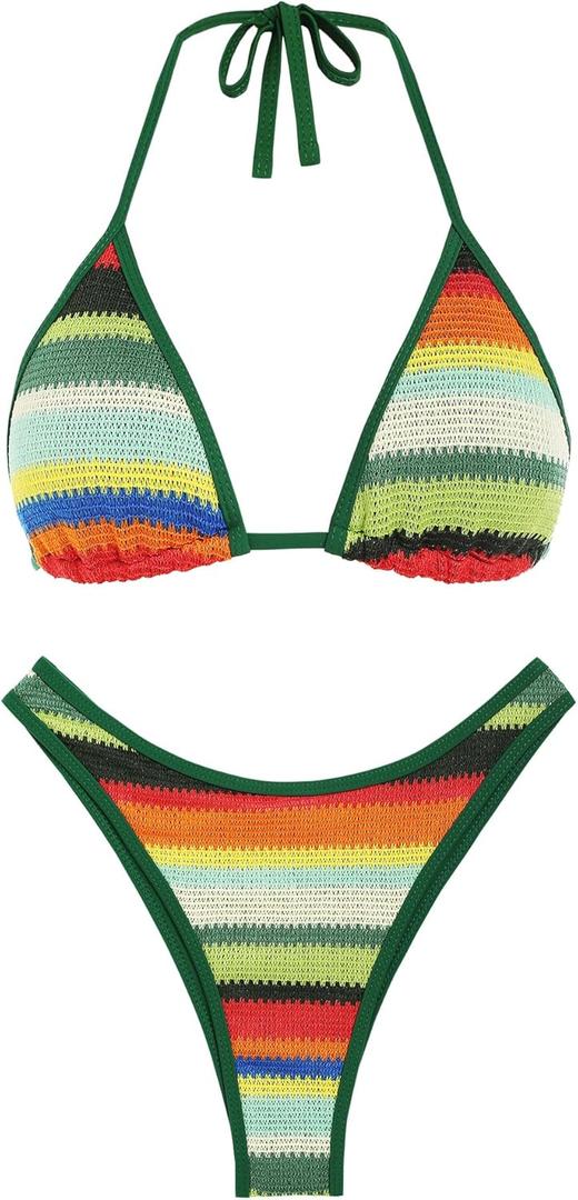 seamoly Womens Bikini Sets Halter Triangle High Cut Thong Two Piece Bathing Suit Crochet Colorblock Cheeky Swimsuits Green S
