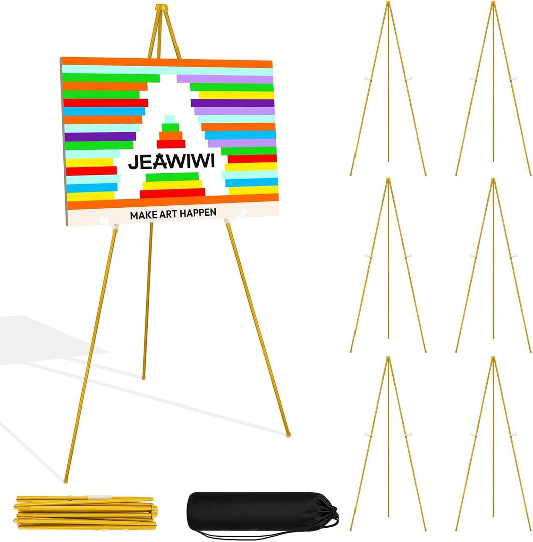 JEAWIWI 7PCS Golden Easel Stand for Wedding Sign Stand, 66 Inch Adjustable Metal Easels for Display, Portable Folding Easel for Wedding, Display Show, Arts, Poster with Portable Bags