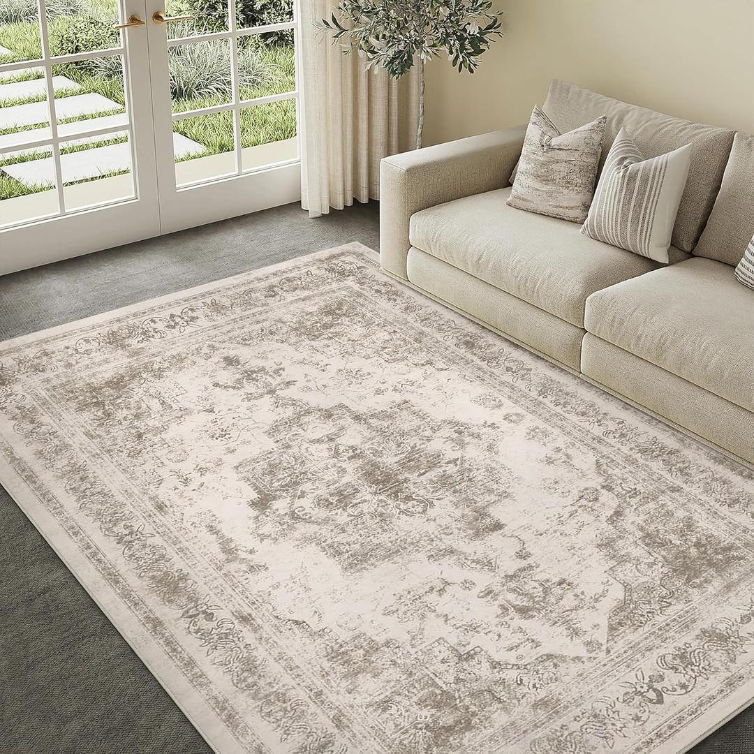 Vintage Area Rug 6x9 Indoor Living Room Taupe Washable Medallion Large Carpet Traditional Retro Accent Throw Rug Low Pile Non Slip Distressed for Kitchen Office Dining Room Bathroom Bedroom (6' x 9' (Rectangular), Distressed | Taupe)