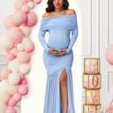 Maternity Long Sleeve Off Shoulder Baby Shower Dress Party Mesh Paneled Split Maxi Photography Gown for Photoshoot (Blue, M)