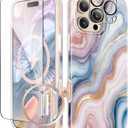 GVIEWIN for iPhone 16 Pro Case Compatible with MagSafe, with Screen & Lens Protectors, Military-Grade Protection Slim Marble Shockproof Magnetic Phone Case for 16 Pro 6.3", Swirls/Colorful