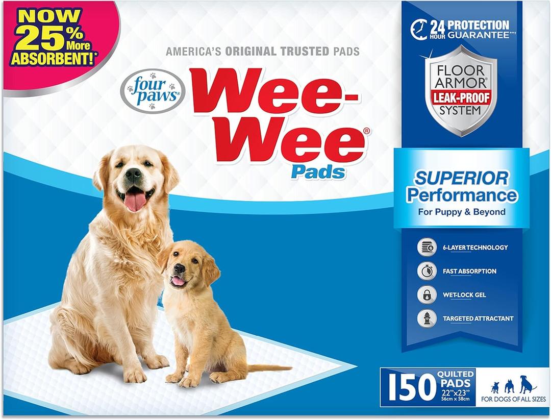 Four Paws Wee-Wee Superior Performance Unscented Pee Pads for Dogs & Puppies, Quilted Leak-Proof Dog Housebreaking Potty Training Floor Protection, 22" x 23", 50 Count