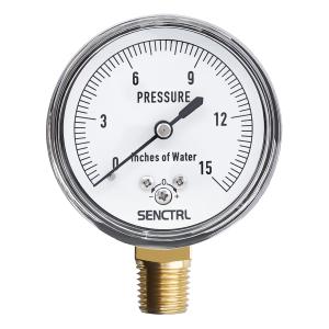 SENCTRL 0-15 Inches of Water Column Gauge, Low Pressure Capsule Gauge, 2-1/2" Dial Size, 1/4" NPT Lower Mount, Zero Adjustment, for Air Water Gas Pressure Test