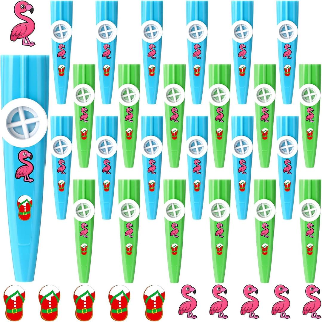 24 Pcs Summer Christmas Kazoos Luau Party Favors Blue Green Kazoo Bulk with Flamingo Claus Stickers Plastic Musical Instruments Toys for Summer Christmas Pool Party Supplies