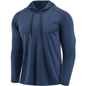 Men Quick Dry Hoodies Shirt Long Sleeve Workout Athletic Gym Pullover Hooded Shirts (Large, Navy Blue)
