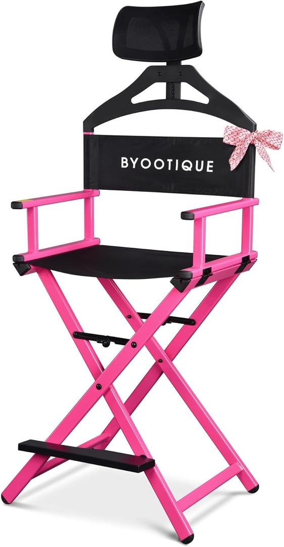 BYOOTIQUE Makeup Artist Stool Chair, Protable 28" Height Tall Folding Directors Chair, Aluminum Makeup Chair with Head Rest for Wedding Hair Stylist Studio Salon Vanity Craft Show, Pink