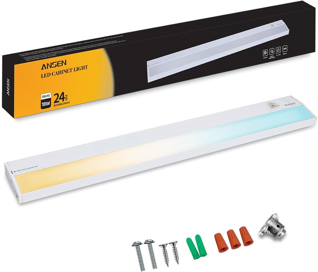Ansen Hardwired Under Cabinet Lighting, 24in 18W LED Light for Kitchen/ Closet, CRI>92, R9>90, 3 Color Temperature, Dimmable, 3000K/ 4000K/ 5000K(Warm White, Cool White, Daylight)