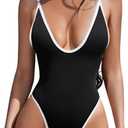 ESONLAR Women's Sexy Plunging V Neck Bathing Suit Open Back One Piece Swimsuits M, Black and White