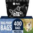 Reli. Dog Poop Bags (400 Bags - Large Single Roll) | Dispenser Box | 9x13" Large Doggie Poo Sack | Use for Yard Pickup | Bulk Single Roll | Unscented, Leak Proof (Black)