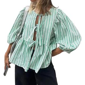 Tie Front Tops for Women Leopard Print Peplum Babydoll Top 3/4 Length Puff Sleeve Coquette Tops Cute Going Out Tops, Small, Green Striped, S