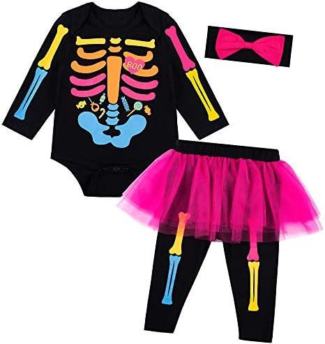 Baby Girls Newborn Skeleton Halloween Costume Outfit Funny Long Sleeve Skull Tulle Skirt Romper Set,12-18M