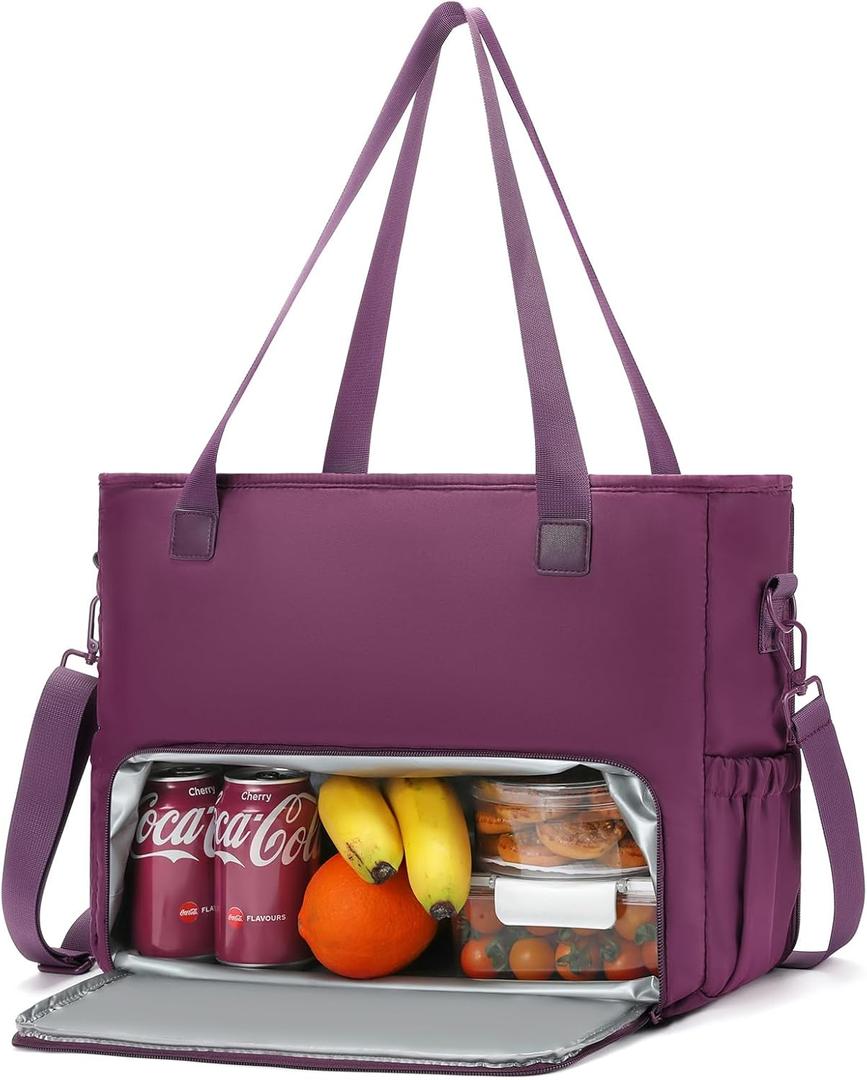 Lunch Tote Bag for Women with 15.6" Laptop Compartment, Work Tote Bag with Insulated Lunch Compartment, Large Casual Canvas Handbag Luncg Bags for Nurse, Teacher, Office, Travel, Beach, Purple