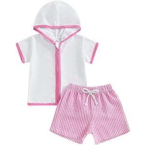 Kids Baby Boy Girl Swim Cover Up Toddler Swim Trunks and Short Sleeve Coverup Beach Bathing Suit Swimwear (Pink)