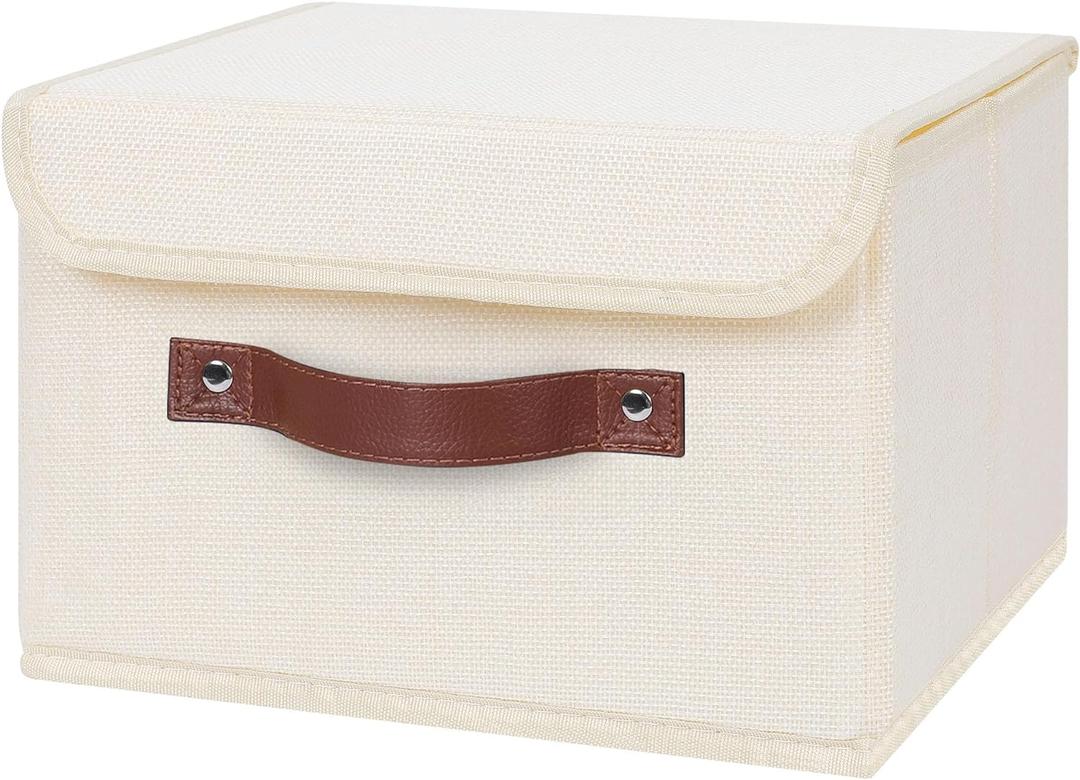 ANMINY Storage Bin with Lid Storage Boxes with PU Leather Handles PP Plastic Board Decorative Foldable Lidded Cotton Linen Fabric Home Cubes Baskets Closet Organizer Container - Beige, Small Size (Small (Pack of 1))