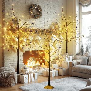 Lamerge Brown Lighted Birch Tree Set of 3, Christmas Decorations Birch Tree with Lights for Home Holiday Party, Indoor/Outdoor 4FT+5FT+6FT, Halloween Decorations