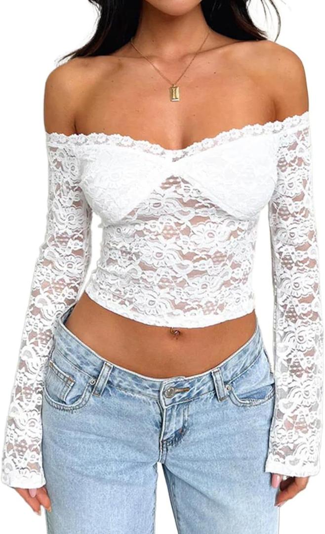 LOFAAC Women Off Shoulder Floral Lace Going Out Crop Tops Sexy Slim Long Sleeve See Through Backless Crop Blouse Shirts (Large, White)