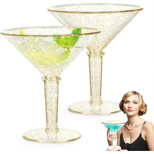 Unbreakable Giant Martini Glasses set of 2, 48 oz Plastic Cocktail Glasses, Jumbo, Reusable, BPA Free, Detachable, Perfect for Picnic, Beach & Patio Party, Appetizers, Birthday, Wedding and All Events (Gold Glitter - 2pcs)