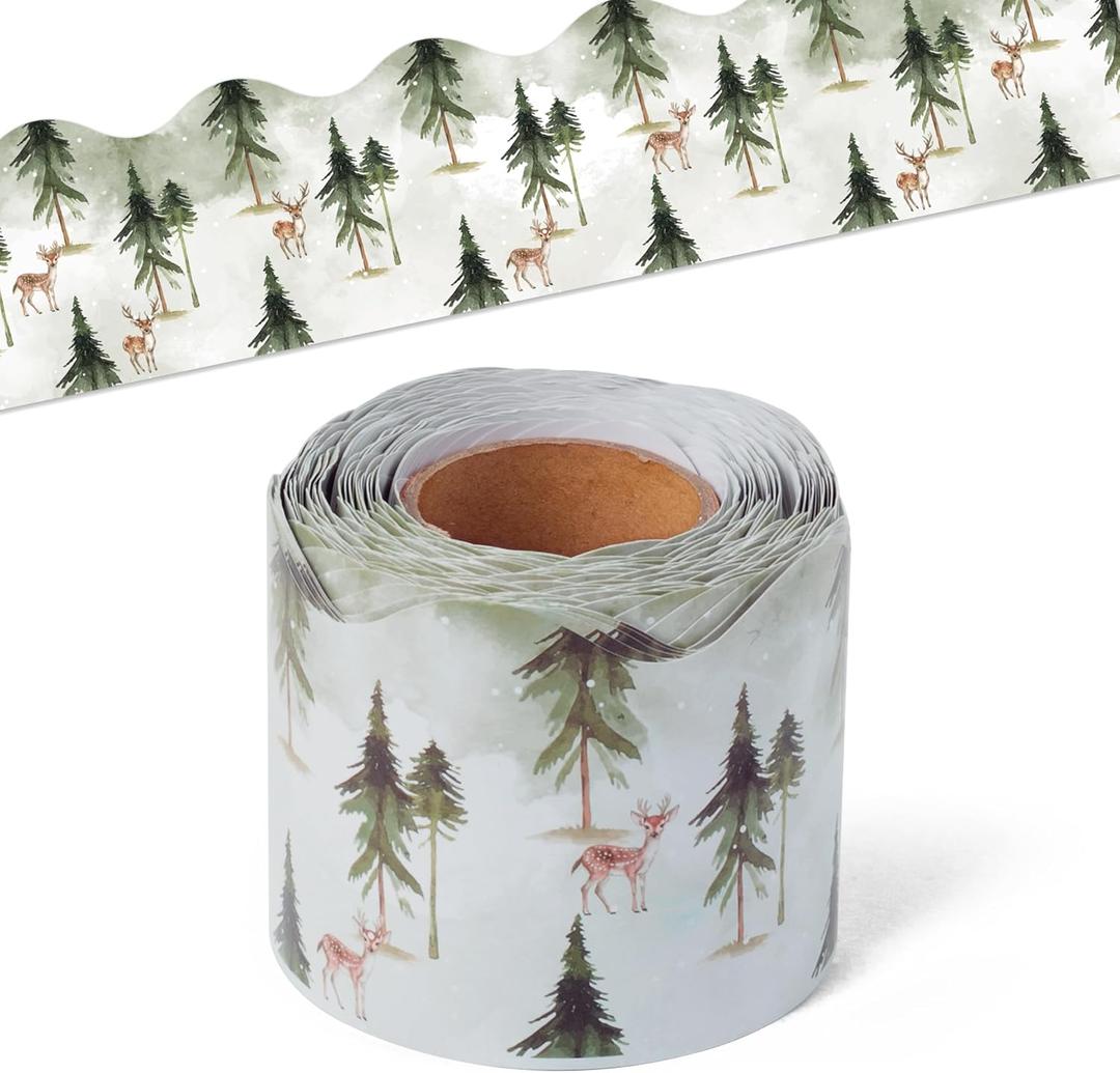 2 x BeYumi Green Forest Border Trim - 65ft Back to School Sage Green Watercolor Forest Wonderland Rolled Border Trim Tree Deer Bulletin Board Borders Party School Classroom Office Home Chalkboard Decor