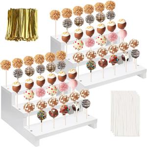2Pcs Wood Cake Pop Display Stand, White Lollipop Holder 3 Tier with Twist Ties Lollipop Sticks, 33 Holes Sucker Storage Rack for Dessert Table of Wedding Birthday Party Christmas Day (B)
