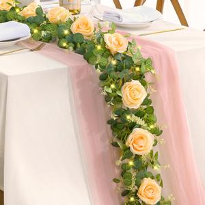 BLEUM CADE 6 FT Artificial Flower Garland with Lights, Fake Floral Garland with Champagne Rose, Faux Flower Garland Decorations for Wedding Centerpieces Backdrop Arch Party Room Wall Spring Decor (1Pack)