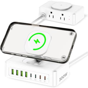 11-in-1 Charging Station USB-C Power Strip, 300W USB C Charger Block, 2AC Outlets 8USB Ports(4USB-C) Surge Protector, 5FT Flat Plug Extension Cord, PD110W Desktop Fast Charging for Home Office, White