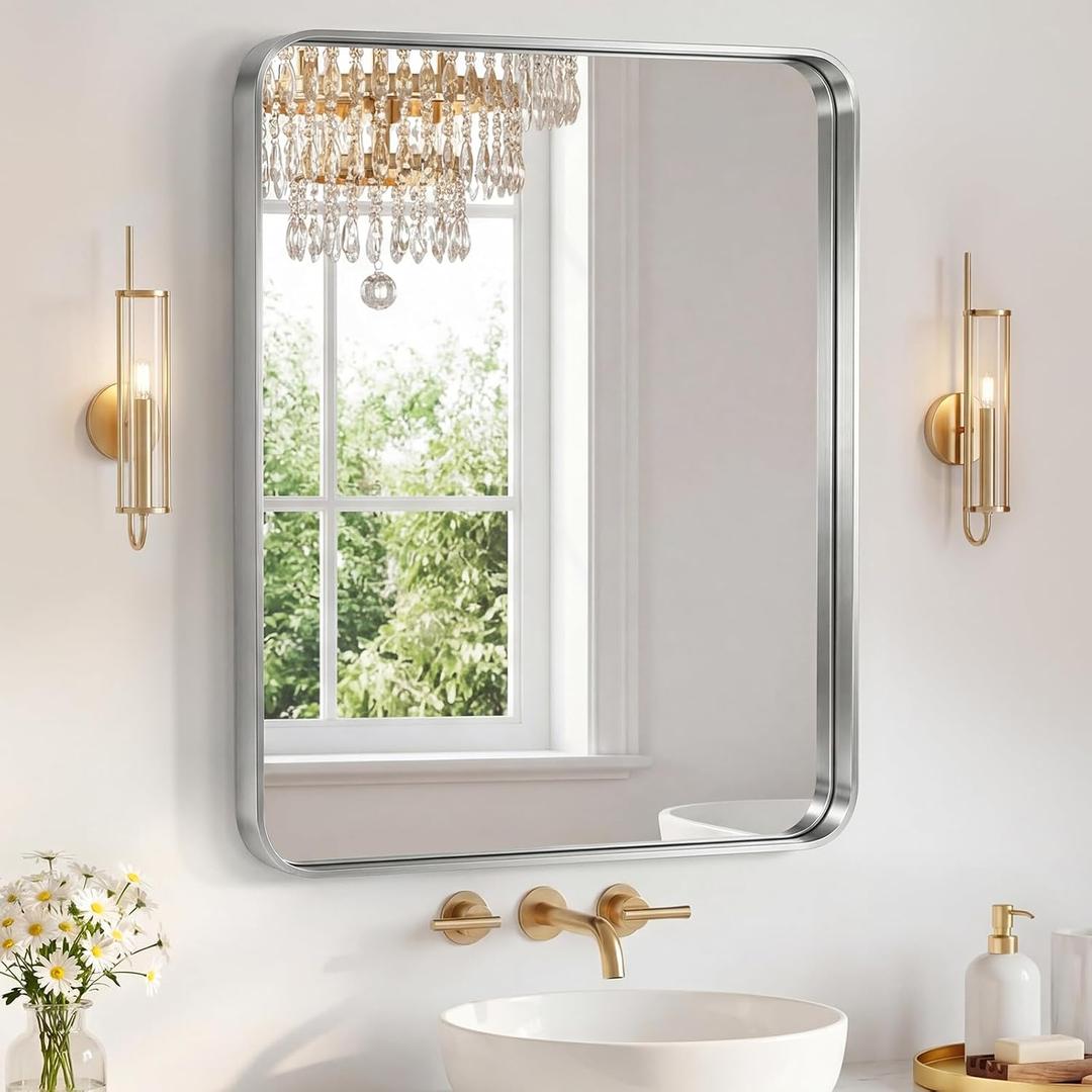 Sweetcrispy Bathroom Mirror 36x30 Inch Metal Framed Rounded Rectangle Vanity Mirror for Wall, Over Sink, Farmhouse, Restroom, Anti-Rust, Modern Decorative, Horizontal or Vertical Hanging, Silver