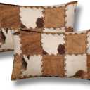 Cow Fur Lumbar Throw Pillow Covers 12x20 Set of 2 Cowhide Short Plush Pillows Case Western Farm Animal Skin Plaid Grid Cowboy Rectangle Cushion Cover Decorative Pillowcases for Couch Bed (Brwon Beige)