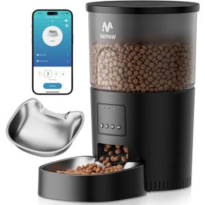 IMIPAW Automatic Cat Feeder, 5G WiFi Food Dispenser with APP Remote Control, Pet Dry Food Smart Feeder, Programmable Timed Feeding, Dual Power Supply, 1-10 Meals, Desiccant Bag, Stainless Steel Bowl