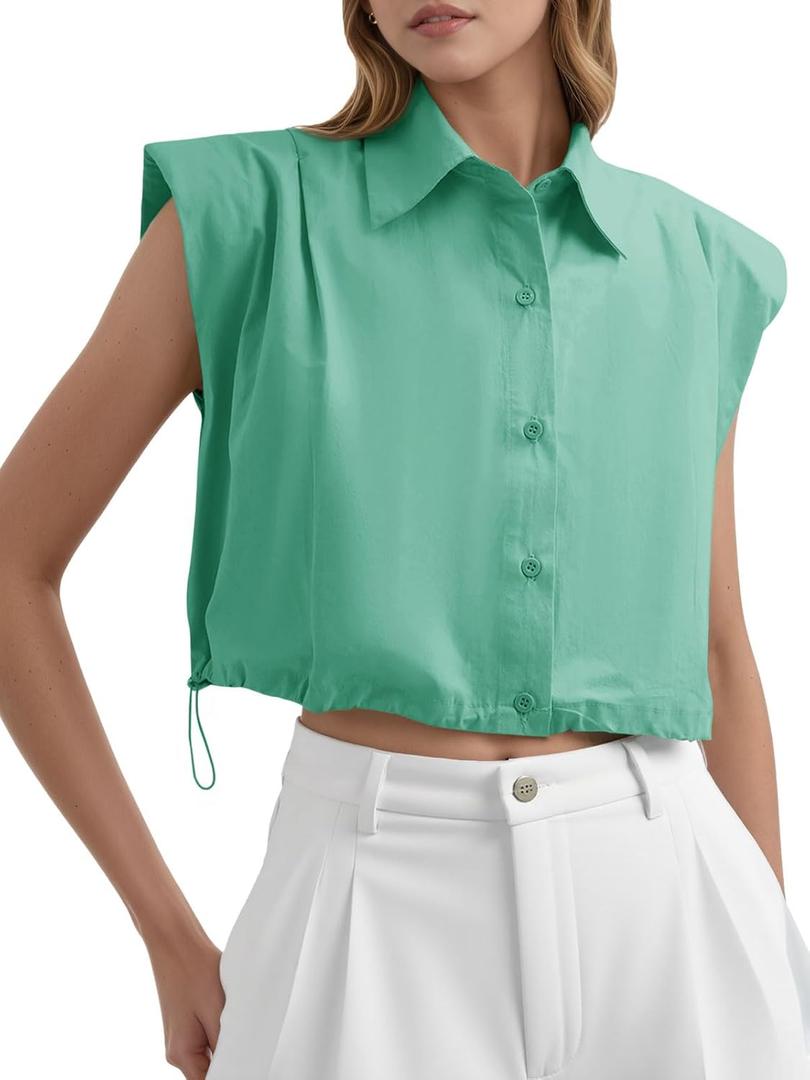 Tankaneo Womens Sleeveless Button Down Shirts Casual Loose V Neck Pad Shoulder Crop Tank Top (Large, Green)