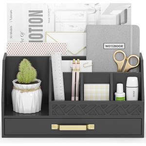 Bamboo Desk Organizer with Drawers, Mail Organizer Countertop Wood Desk Drawer Tabletop Storage Organization Pen Holder Letter Sorter Makeup Organizer for School Home Office (Black)