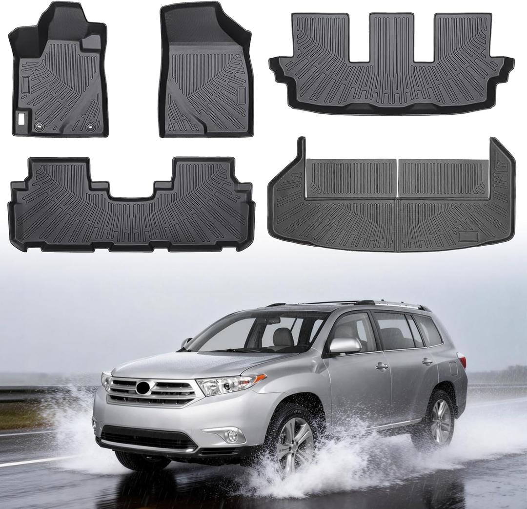 Floor Mats & Cargo Liner for Toyota Highlander 2008-2013 (Non-Hybrid), All Weather Protection TPE Floor Liners Custom Fit Car Mats Full Set for Highlander Accessories 3 Rows and Cargo Liner Set