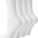 4 Pairs Pilates Socks with Grips for Women, Non Slip Yoga Athletic Ballet Barre Dance Workout Crew Socks (White)