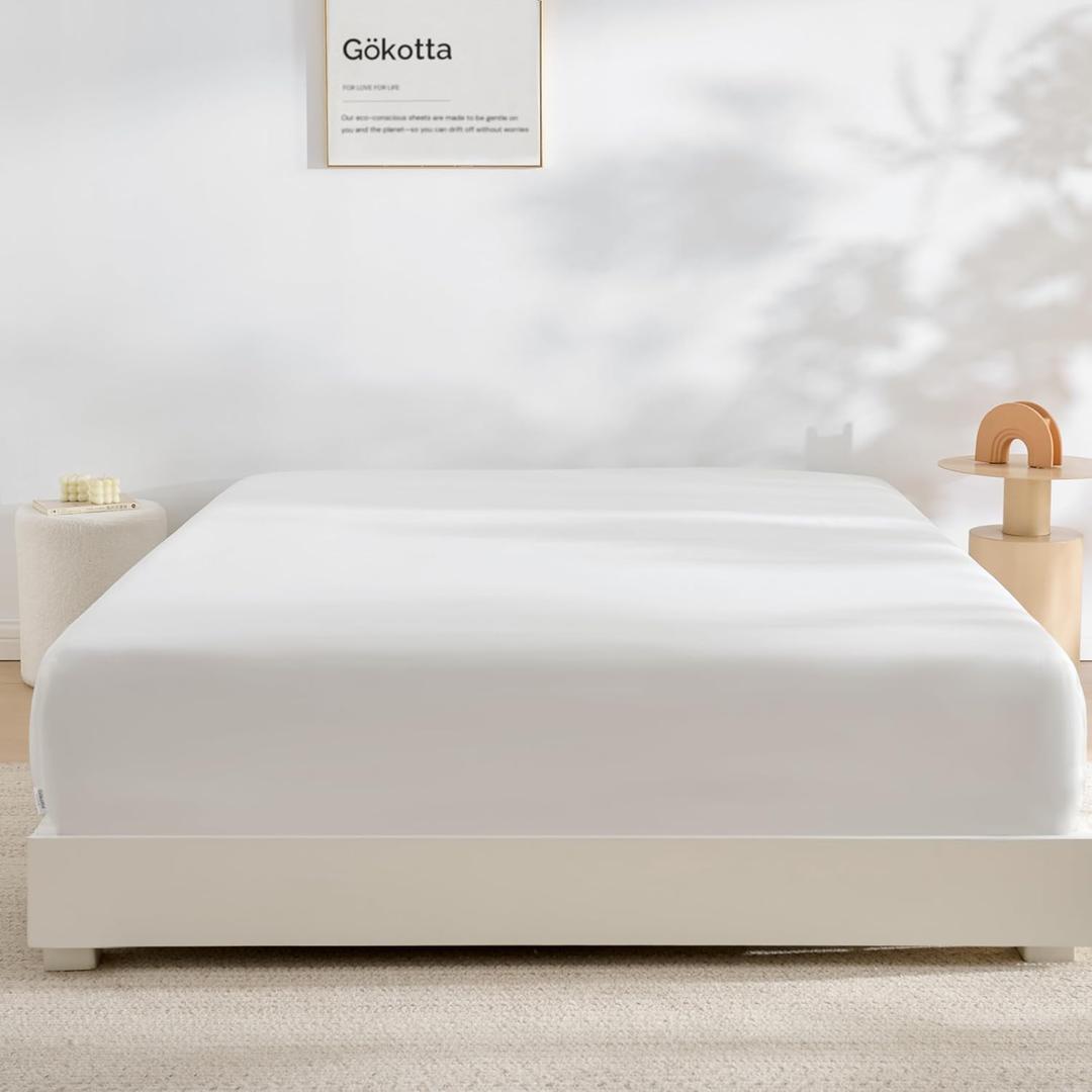 GOKOTTA Fitted Sheet Queen Only,100% Rayon Derived from Bamboo Fitted Sheet,Ultra Soft,Cooling and Breathable Bottom Sheet with 4 Elastic Corner Straps,No Slip,No Pilling,16" Deep Pocket-Cream White