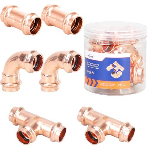 (Znkiok® 6 Pack Set)3/4" Copper Press Fittings Zero Lead,2 Each 3/4 Inch Press Coupling With Stop,Press 90 Degree Elbow,Press Tee,UPC,NSF/ANSI 61 Certified.